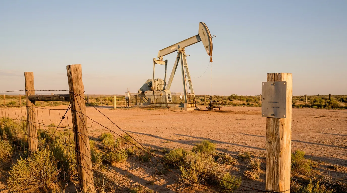 oil pump jack on arid land behind barbed wire fence in open field