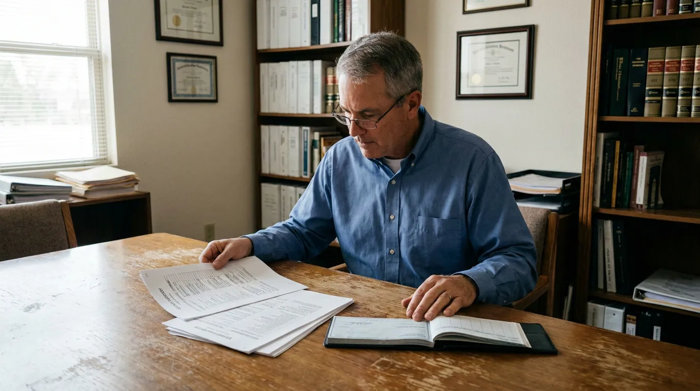 attorney reviewing legal documents and open binder at wooden office desk