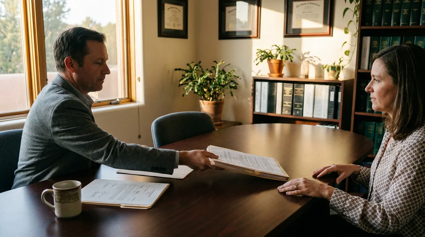 attorney handing legal documents to client across office conference table