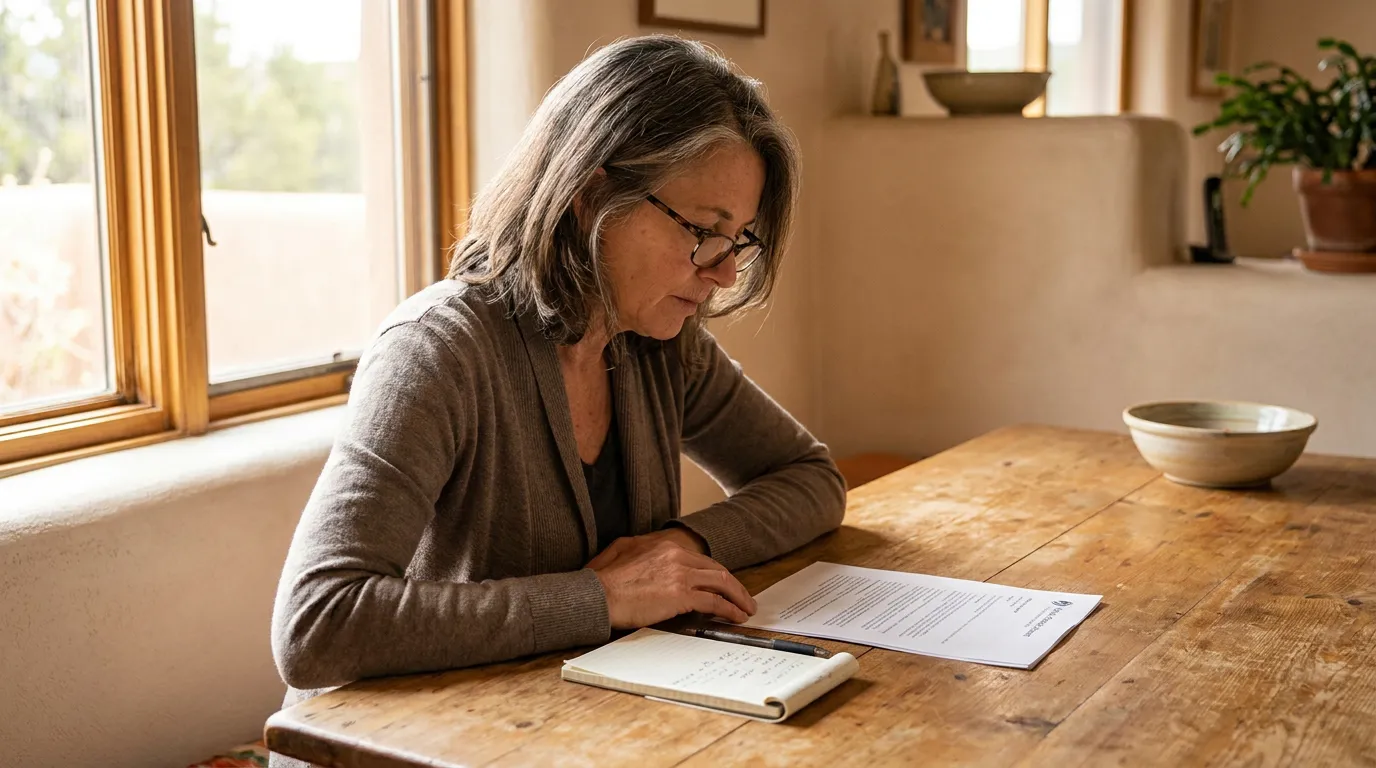middle-aged woman with glasses reviewing printed legal document at wooden table