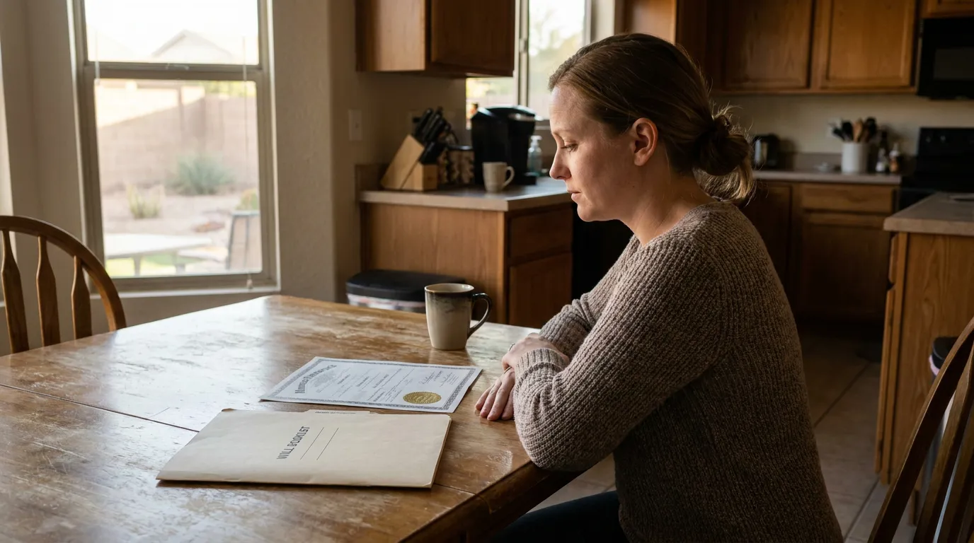 woman seated at kitchen table reviewing will booklet and official certificate document