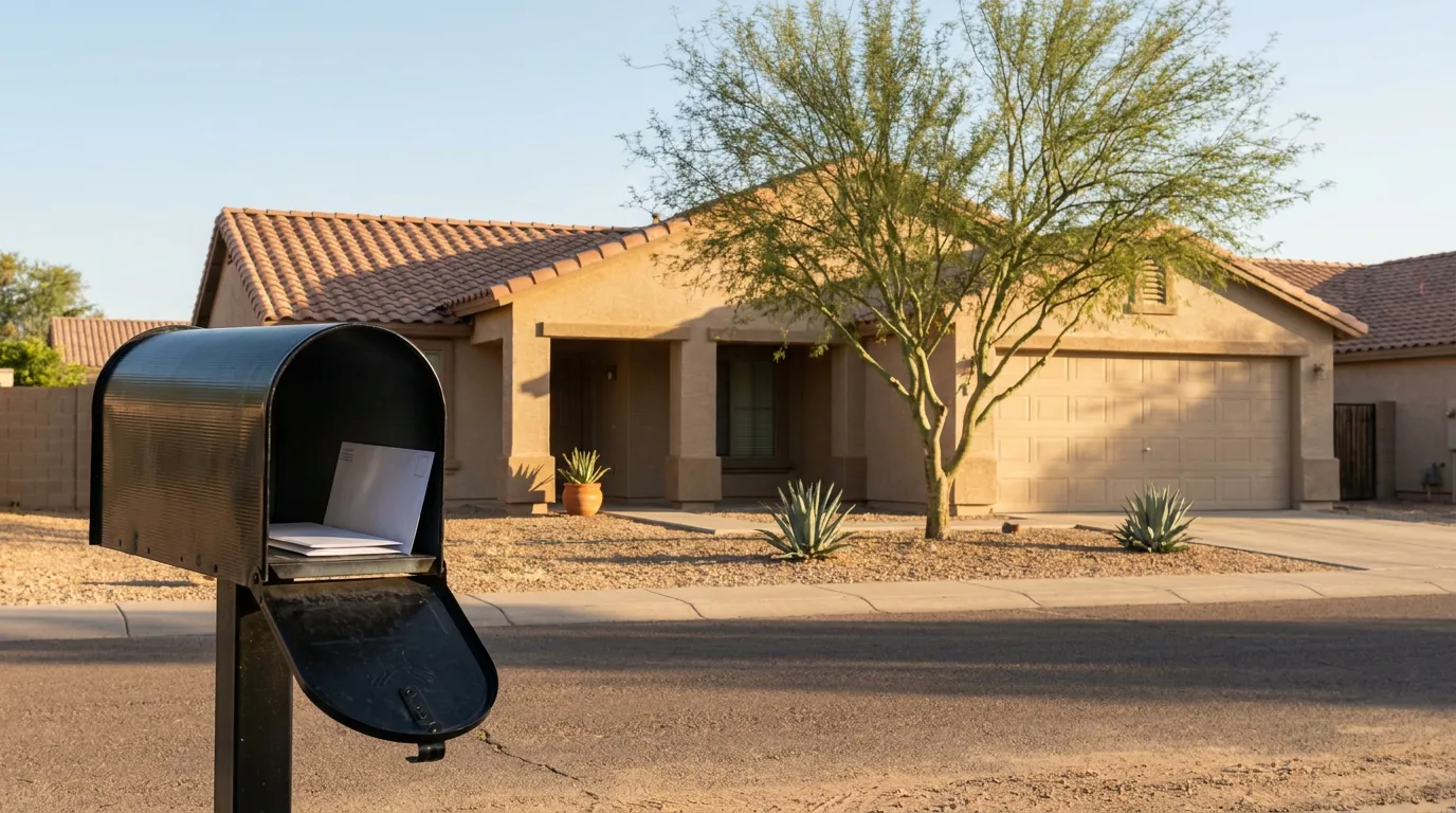 Open mailbox holding envelopes in front of single-story stucco house with tile roof, garage, and desert landscaping