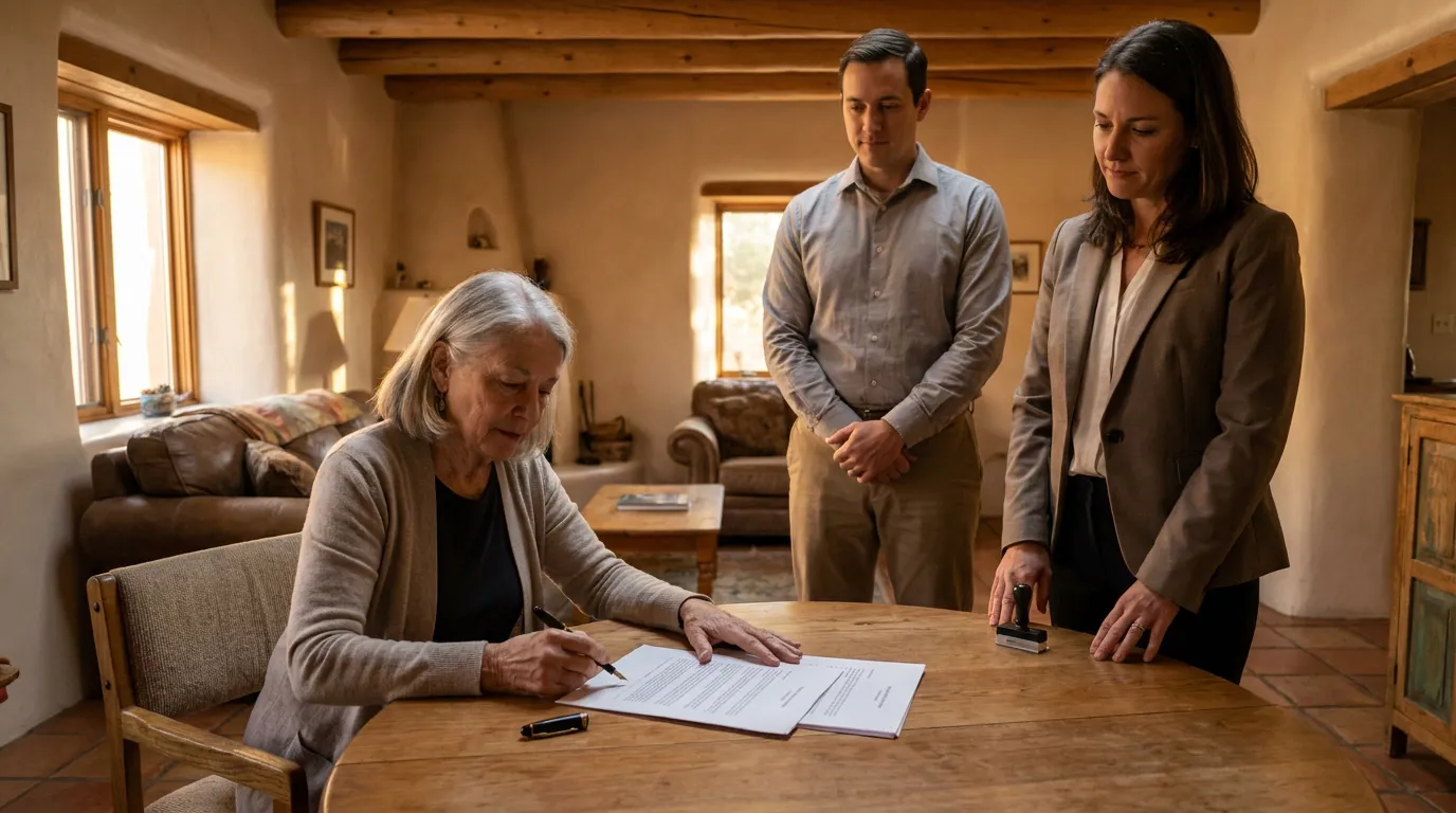 Elderly woman signing document at wooden table while man and woman stand beside her with notary stamp