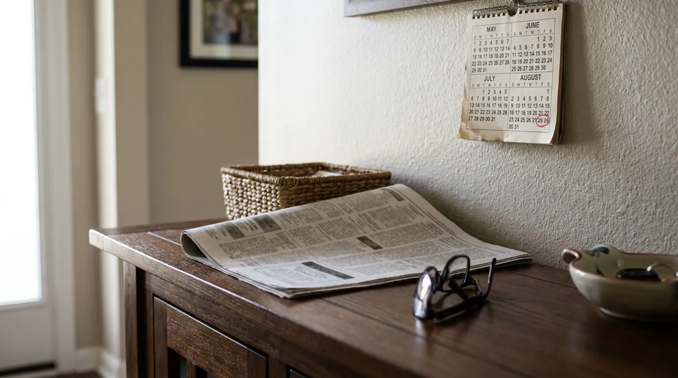 wall calendar with circled August date beside newspaper and eyeglasses on wooden desk