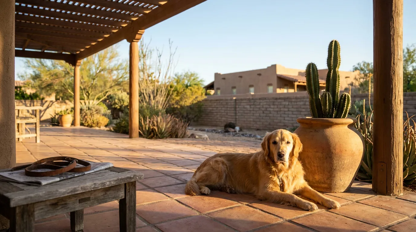 golden retriever resting on tiled patio beside large terracotta pot and cactus