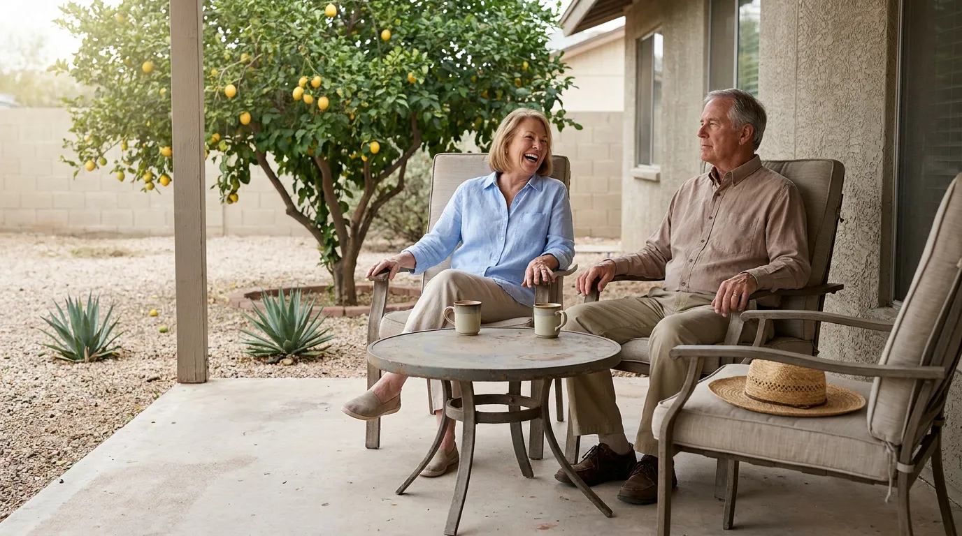 Smiling older woman and man seated on patio chairs with coffee mugs beside lemon tree