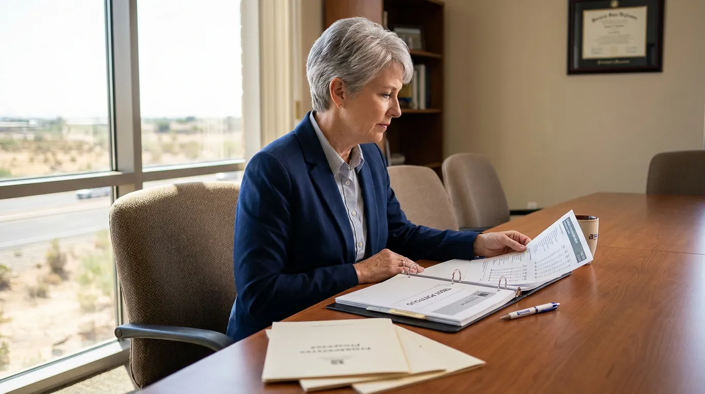 female attorney reviewing open binder of legal documents at conference table