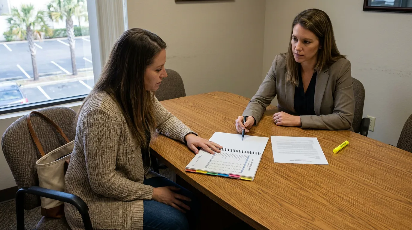 Two women seated at wooden conference table reviewing spiral-bound binder and printed document with pen and highlighter
