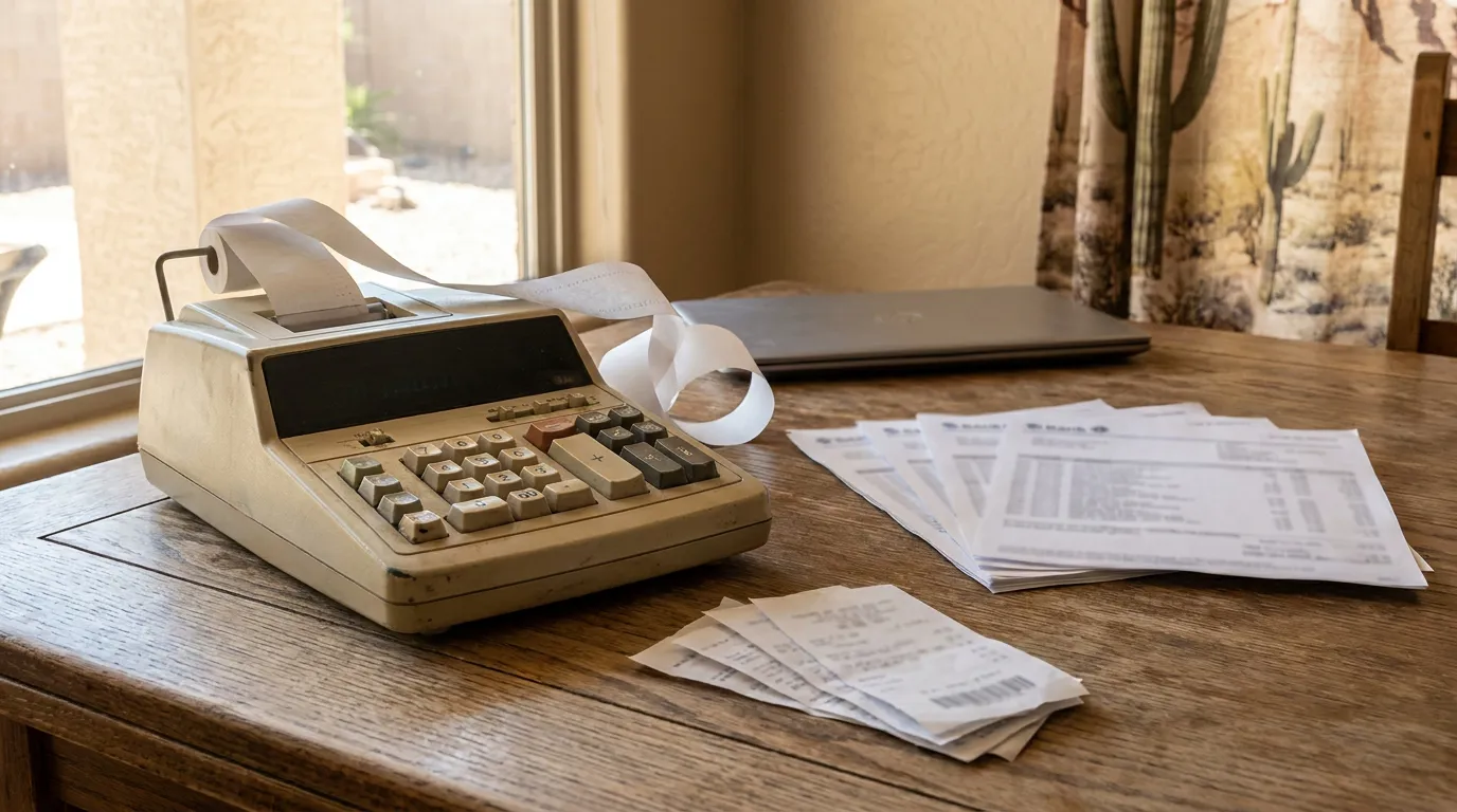 Vintage adding machine with paper tape beside bank statements, receipts and closed laptop on wooden desk