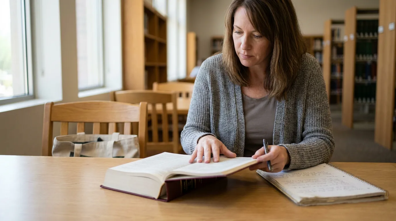 Woman in cardigan reading large law book with pen and spiral notebook at library table